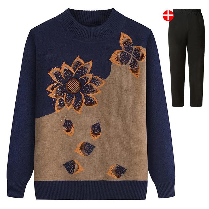 Plus Size Knitted Sweater for Women: Thickened Velvet Autumn and Winter Coat for Middle-Aged & Elderly