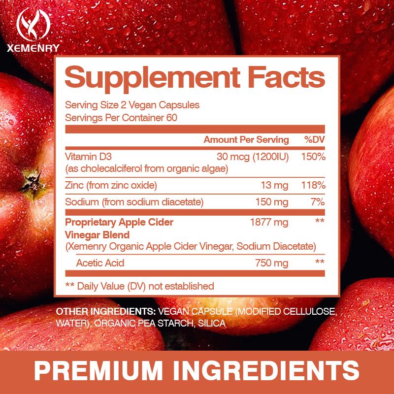 Premium apple cider vinegar capsules, each containing 1877 mg, gentle and easily absorbed, suitable for both men and women.