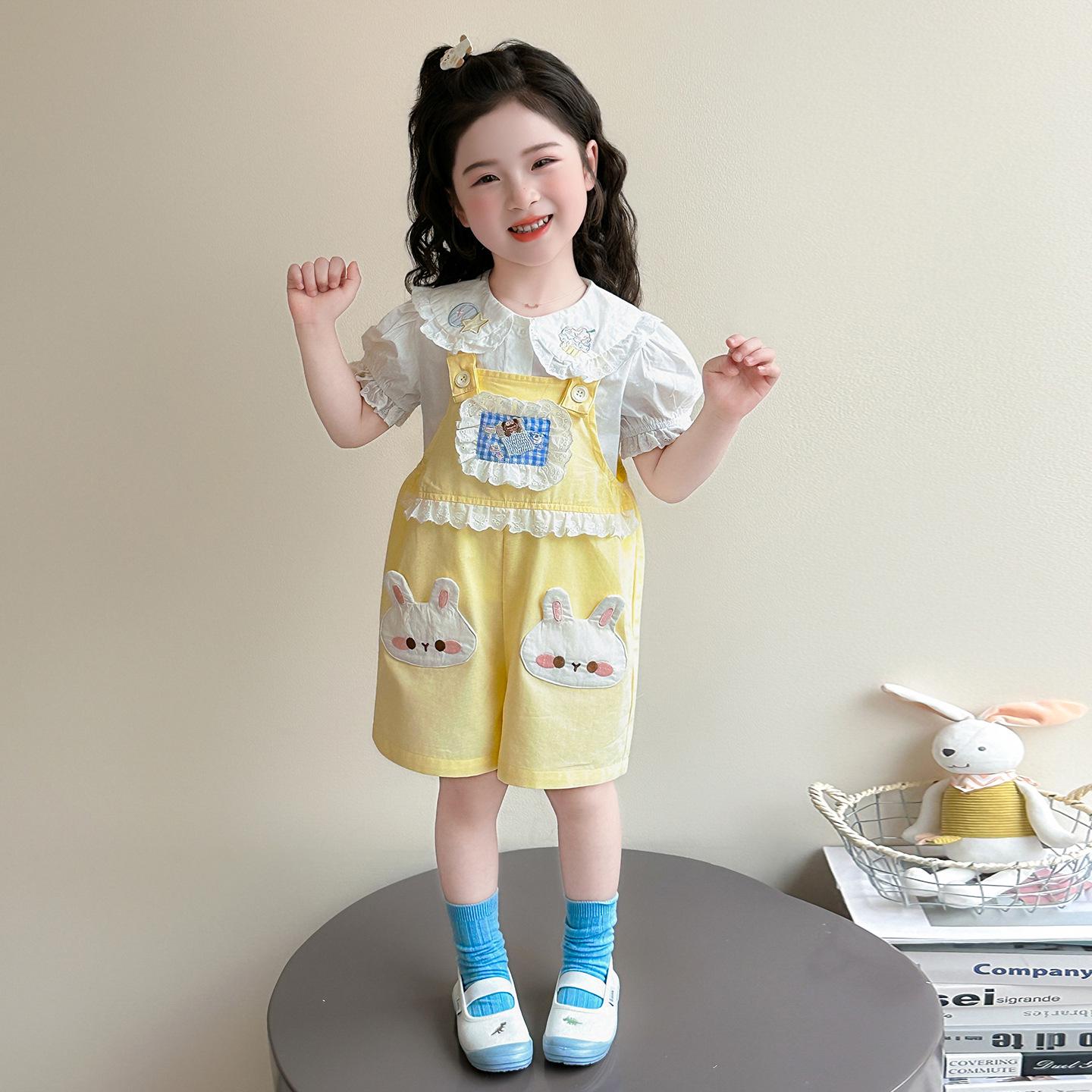 Girls Stylish 2026 Summer Outfit: Cartoon Rabbit Embroidery Strappy Shorts Two-Piece Set 140 cm жёлтый