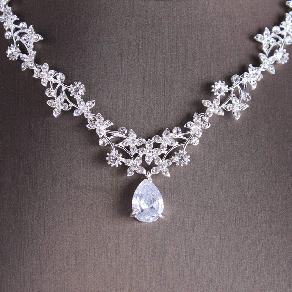 Wedding Necklace and Earrings Set Flower Bridal Accessories Bride Necklace Sparkling Zirconia Crystal Birthday Christmas Gift [misakinoya] (Earrings +