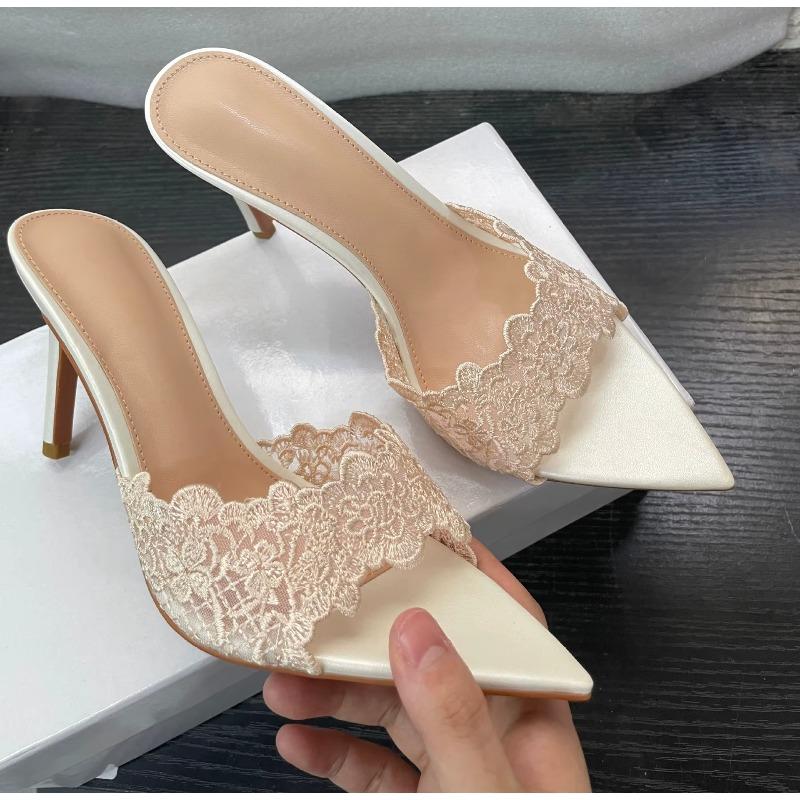 Soleist Elegant Women's Gold Lace Pumps | Pointed Toe Slip On High Heel Mules | Fashion Stiletto Shoes for Party Wedding