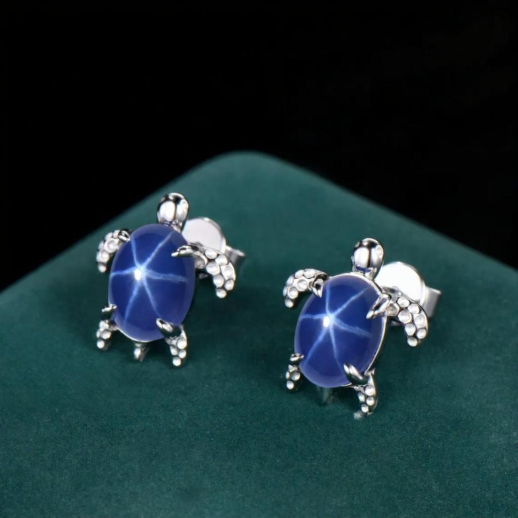 Milgrain Oval Cut Blue Star Sapphire Stud Earrings Vintage Blue Sapphire Halo Turtle Earrings Art Deco September Birthstone Pierced Earrings Women