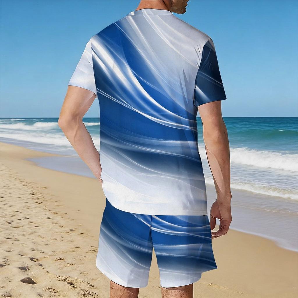 Men Black Gold Swirl Texture Split Print Short Sleeve Tee And Matching Shorts Two Piece Suit