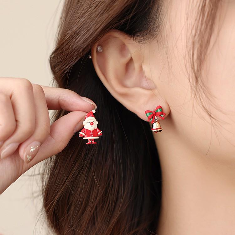Silver Needle Oil Santa Bell Earrings: Autumn Winter Holiday Studs with High-End Flair.