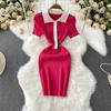 Xiaoxiangfeng temperament contrasting colors single-breasted lapel short-sleeved knitted dress women's summer waist and thin hip-wrapped short skirt