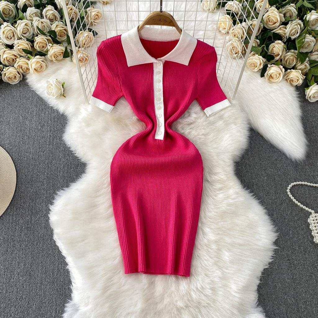 Xiaoxiangfeng temperament contrasting colors single-breasted lapel short-sleeved knitted dress women's summer waist and thin hip-wrapped short skirt