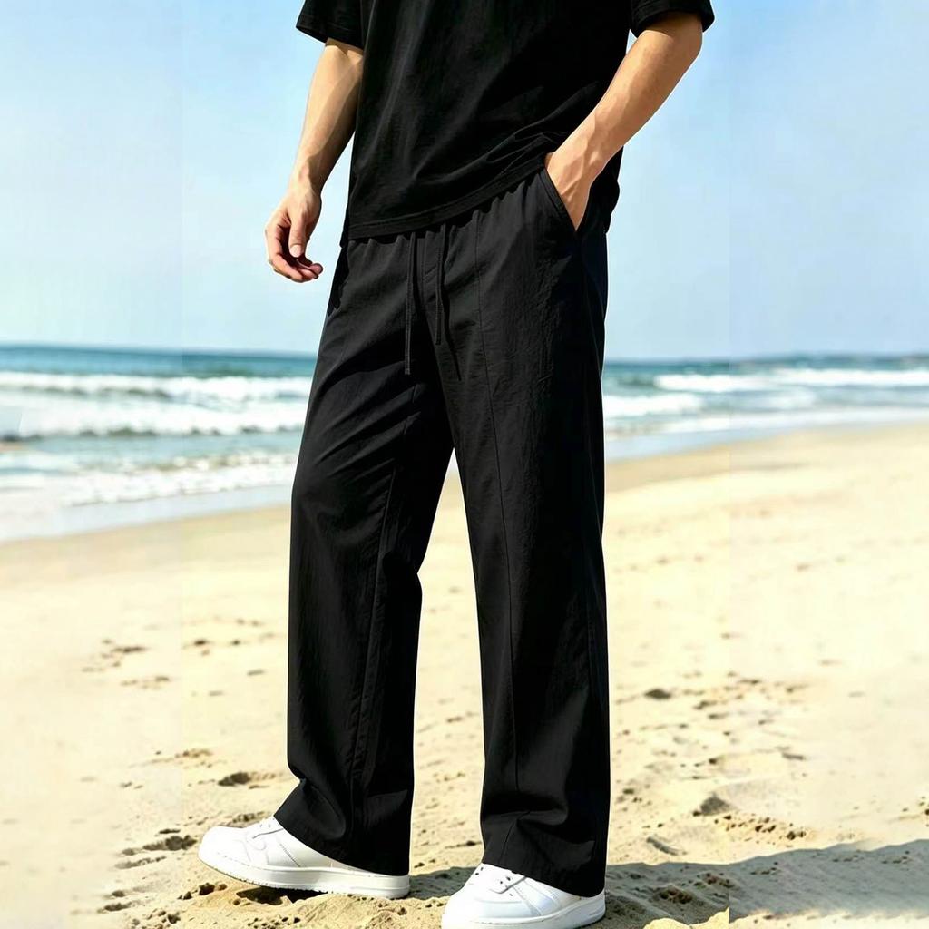 Men's Cotton Linen Loose Fit Wide Leg Long Pants for Casual Everyday Wear