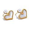 Yhpup Korean Delicate Natural Shell Simulated Pearl Heart Chic Stud Earrings Stainless Steel Office Ladies Waterproof Jewelry