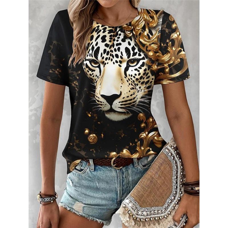 

Summer Fashion Simple Versatile Artistic Print Round Neck Women s Pullover Short Sleeved Shirt 6XL
