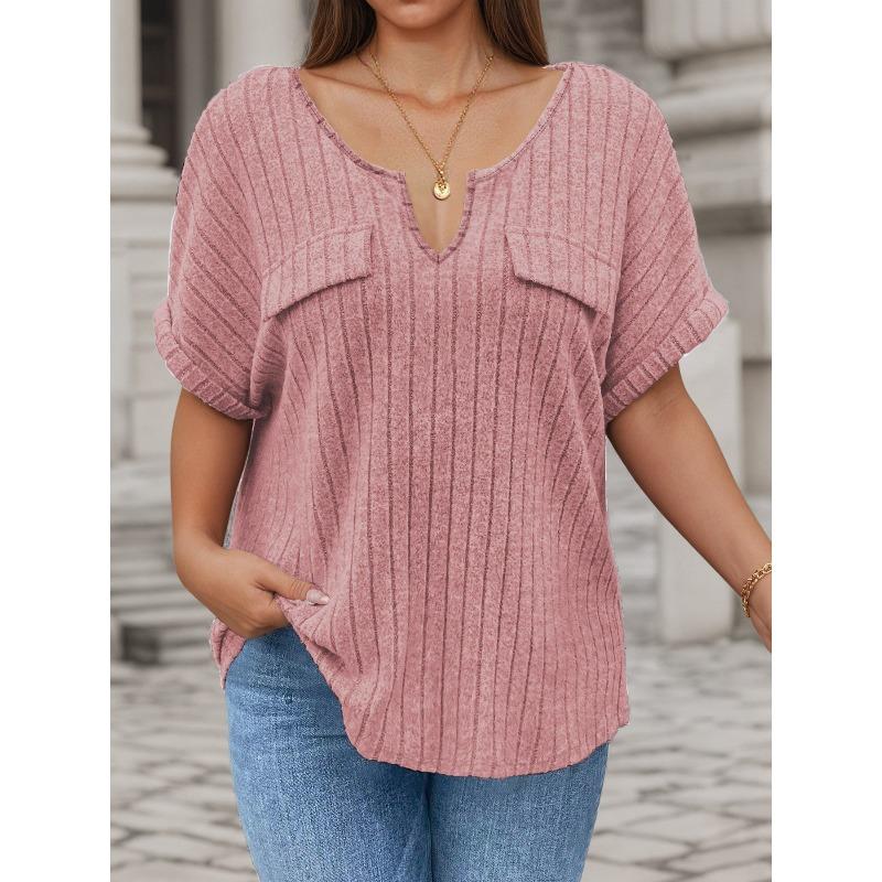 QICED Women's Fashion Casual Solid Color Print Short Sleeve V Neck Blouses & Shirts