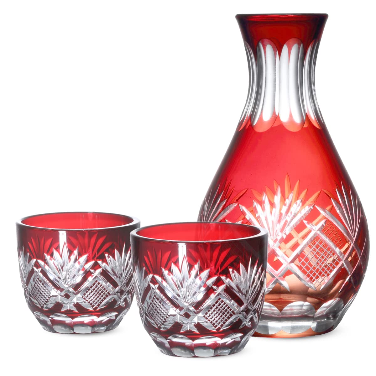 

Nostalgia Glass Kiriko Cups for Sake of 2 Sake 1 Hana to Ya and Current Model J-kitchens (Set Cups, Tokkuri) - (Flower Arrow) Red,