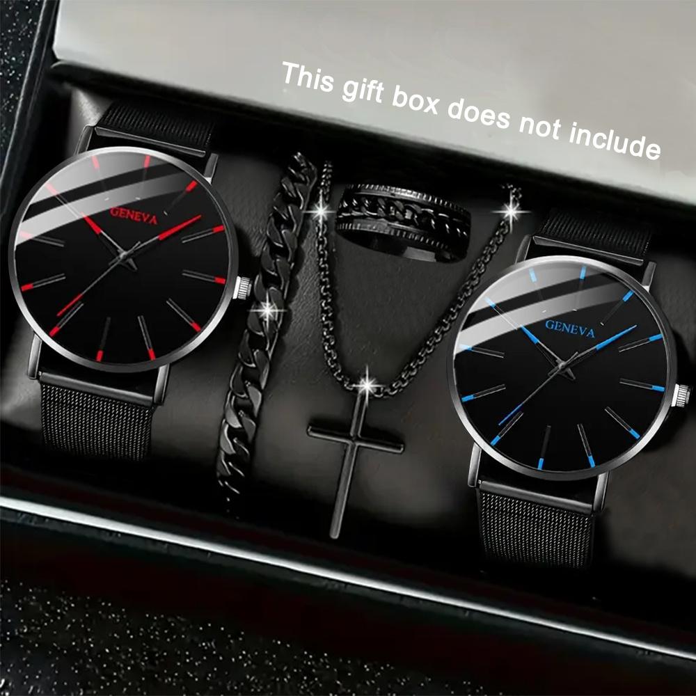 5pcs/set, Men's Watch Set, Men's Casual Quartz Watches Pointer, Watch, Necklace, Bracelet, Ring, Ideal Gift for Men