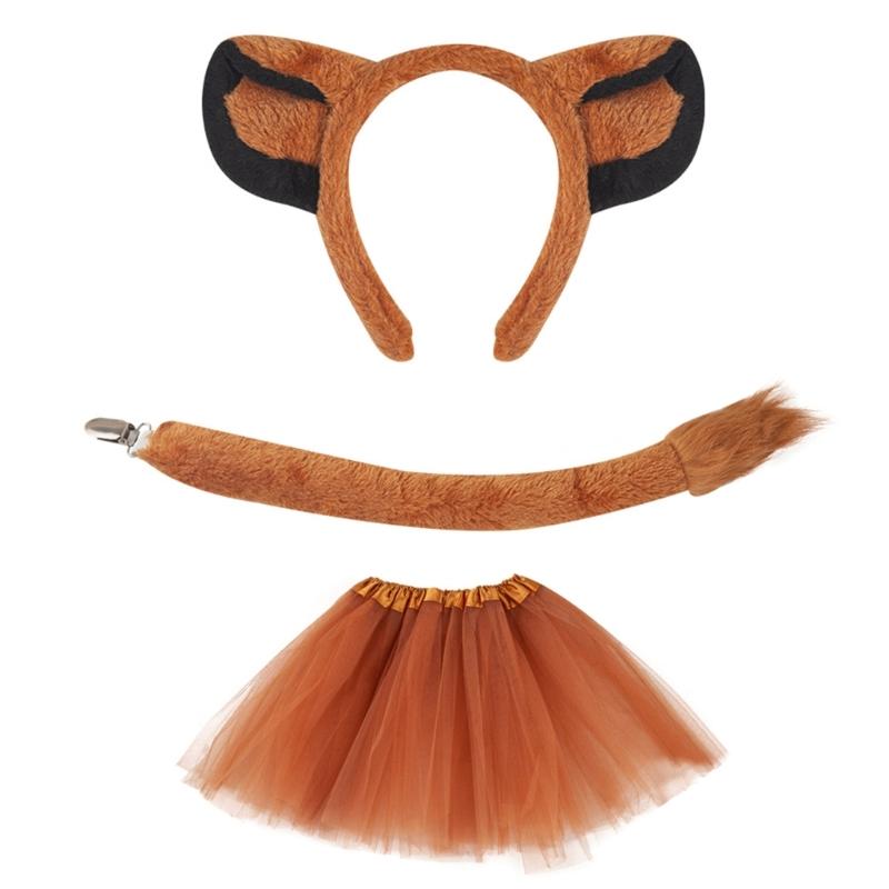Lions Cosplay Set Dogs Ear Hair Hoop False Nose Brown Mesh Skirt Plush Tail Bowtie Lions Ear Headband for Halloween