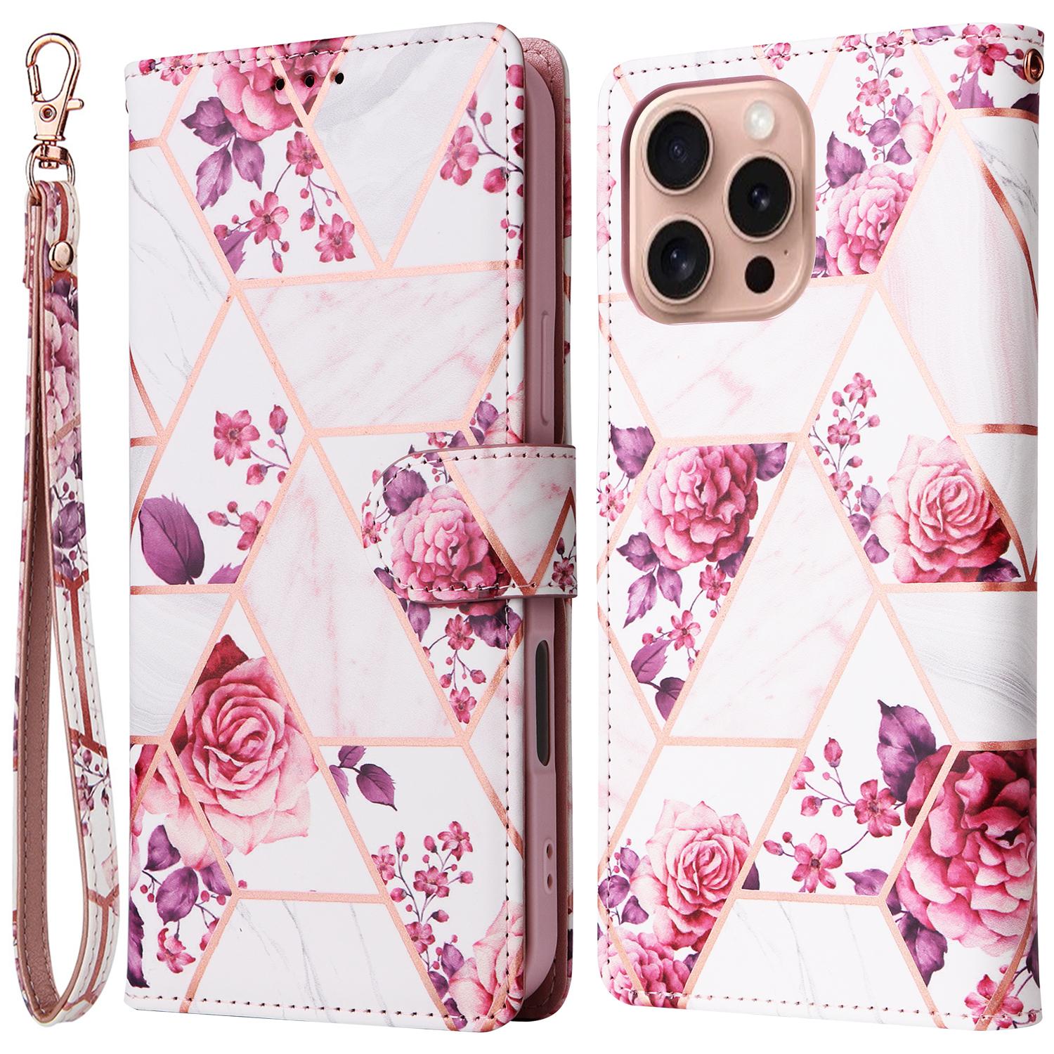 

For iPhone 16 Pro Case Lacquered Leather Phone Shell Marble Pattern Design Rose Gold