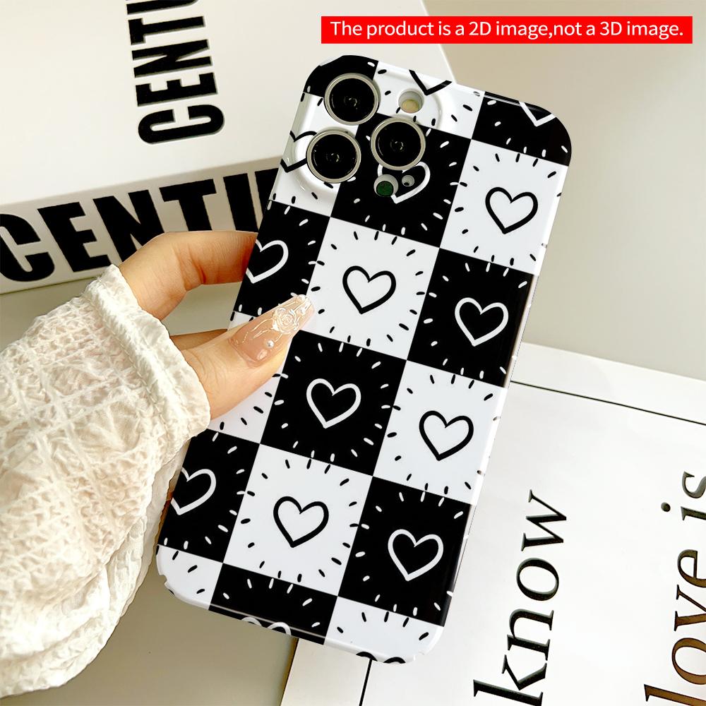 Black and White Heart Checkerboard Pattern Phone Case All Inclusive Film Hard Phone Case, Compatible with iPhone 18 Pro Max 17 16 15 14 13 12 11