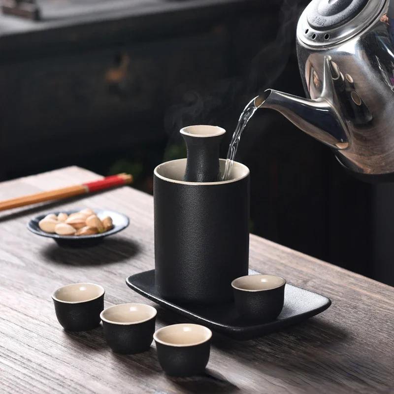Vintage Ceramic Sake Pot Cups Set Traditional Durable Crafts Gift Groove Design Creative for Cupboard Cabinet Drawer Home