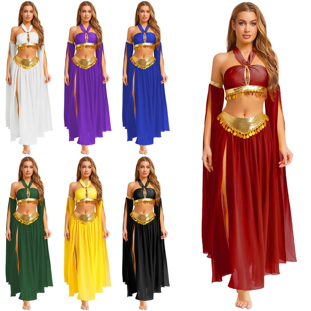 Women's Belly Dance Costume Set: Self-Tie Halter Crop Top with Built-In Briefs & Side Slit Chiffon Skirt + Removable Split Sleeves