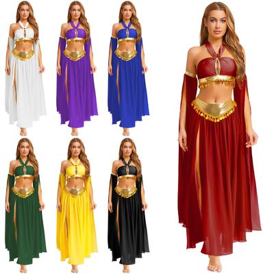 Set Costum Dans din Buric pentru Femei: Top Crop Halter cu Legare Proprie cu Chiloți Incorporați și Fustă Șifon cu Fantă Laterală + Mâneci Split Detașabile