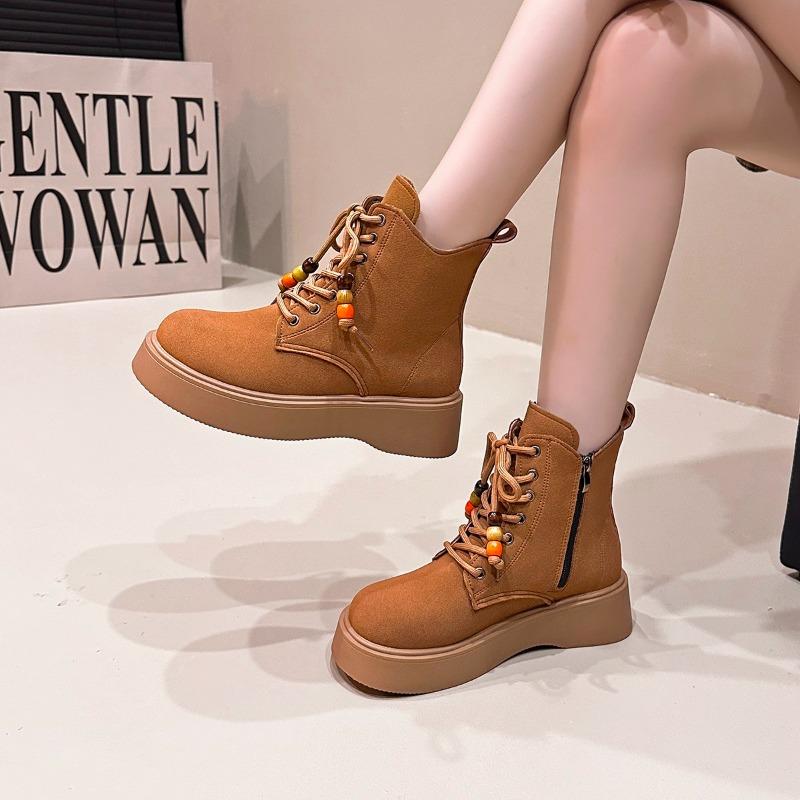 Women Thick Heel Boots Spring Autumn Quality Nubuck Cow Suede Round Toe Handmade Retro Chunky Platform Ankle Boots Lady