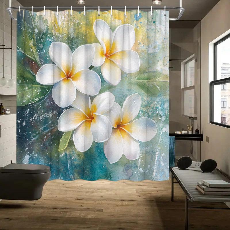 1pc White Frangipani Shower Curtain with Pale Yellow Centers - Tropical Teal and Blue Background 90X180CM