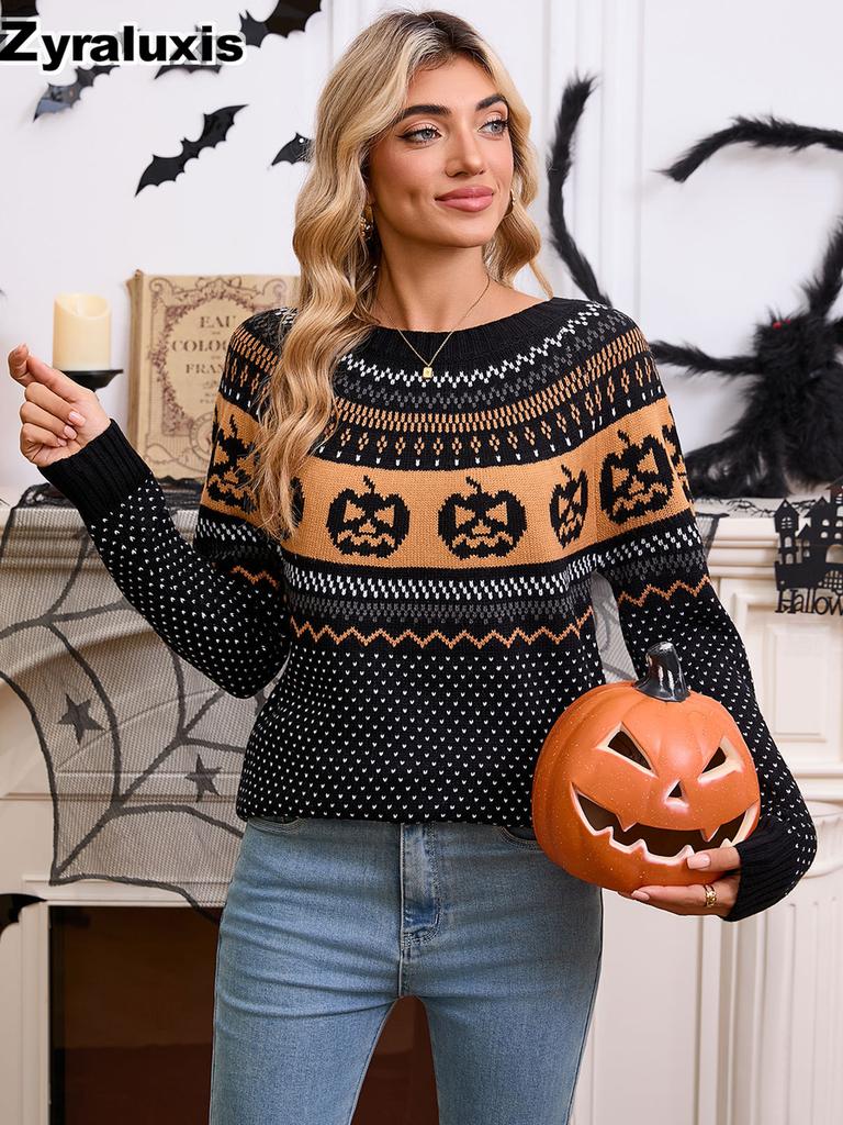 Autumn Women's Sweater, Halloween Pumpkin Embroidery Vintage Polka Dot Long Sleeve Knitwear for Ladies