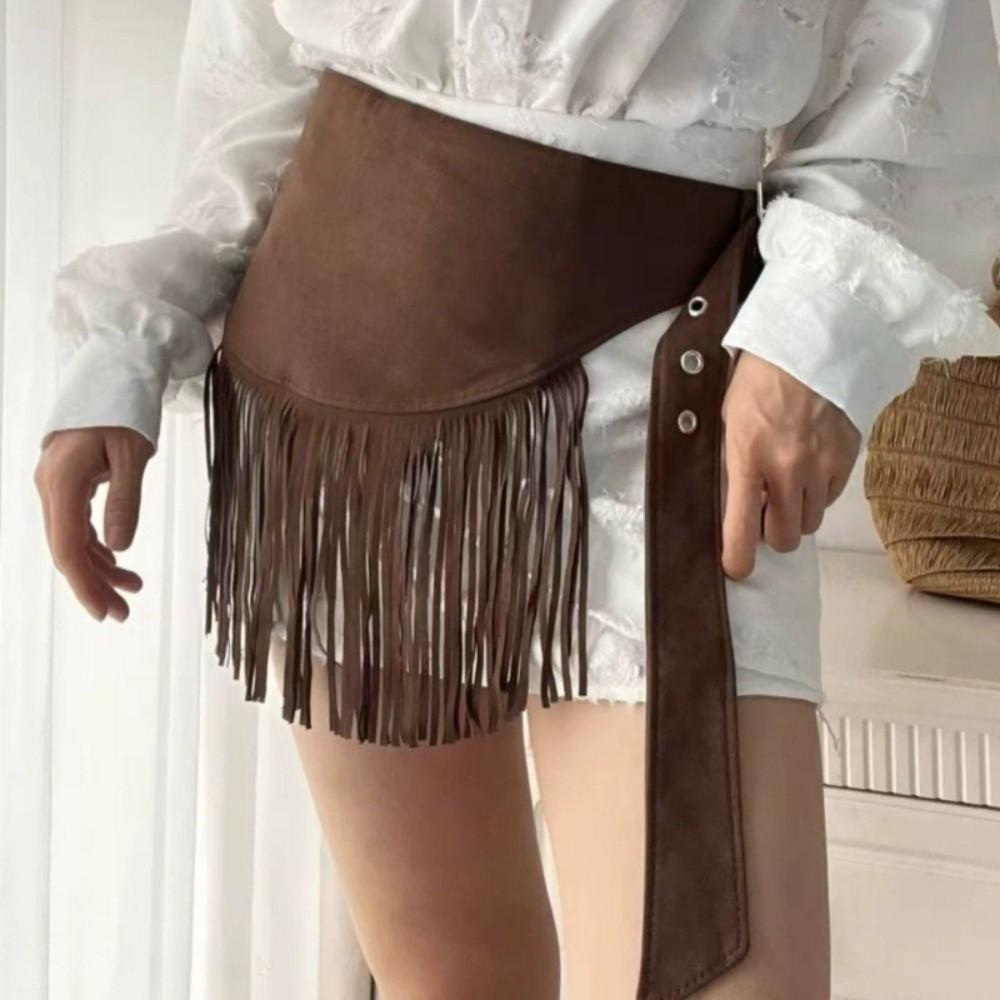 Versatile Vintage Tassel Waist Belt Solid Color Triangle Fringe Waistband Cowboy Style Cummerbund for Women