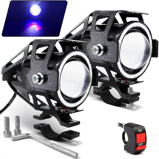 Motorcycle LED Fog Lights U7 Spotlight Daytime Running Lights With White Angel Eyes Halo Ring And Switch 2-Sets