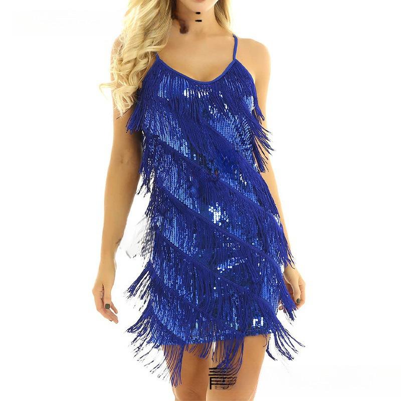 Träger Pailletten Quaste Rock Kragen Kleid Lateinischer Tanzkleid Tanzkostüm Bühnenkostüm