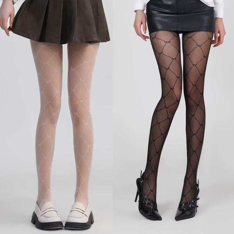 Women's Elegant Japanese Style Sheer Silk Pantyhose Stockings Aesthetic Argyle Bowknot Pattern Tights Summer Leggings