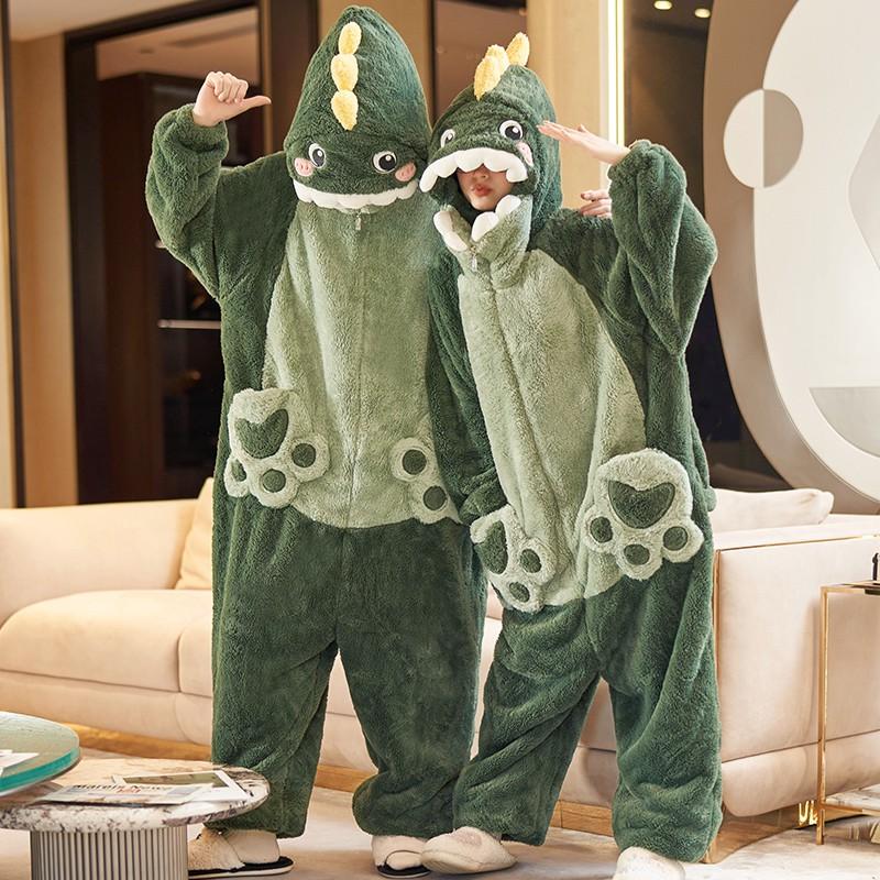 Couples Flannel Dinosaur Onesie Winter Warm Hooded Sleepwear Men Women
