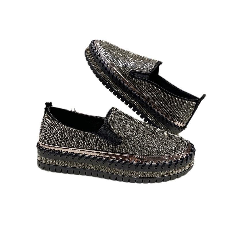 Spring new lazy one-pedal casual shoes thick-soled round head single shoes women's rhinestone loafer single shoes large size