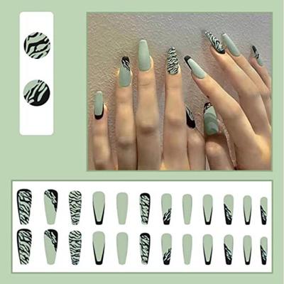 Acrylic Press On Nails Artifical Designer Fake Nails Extension Matte Light Green Combo with Black Design 24 Pieces Set with Kit