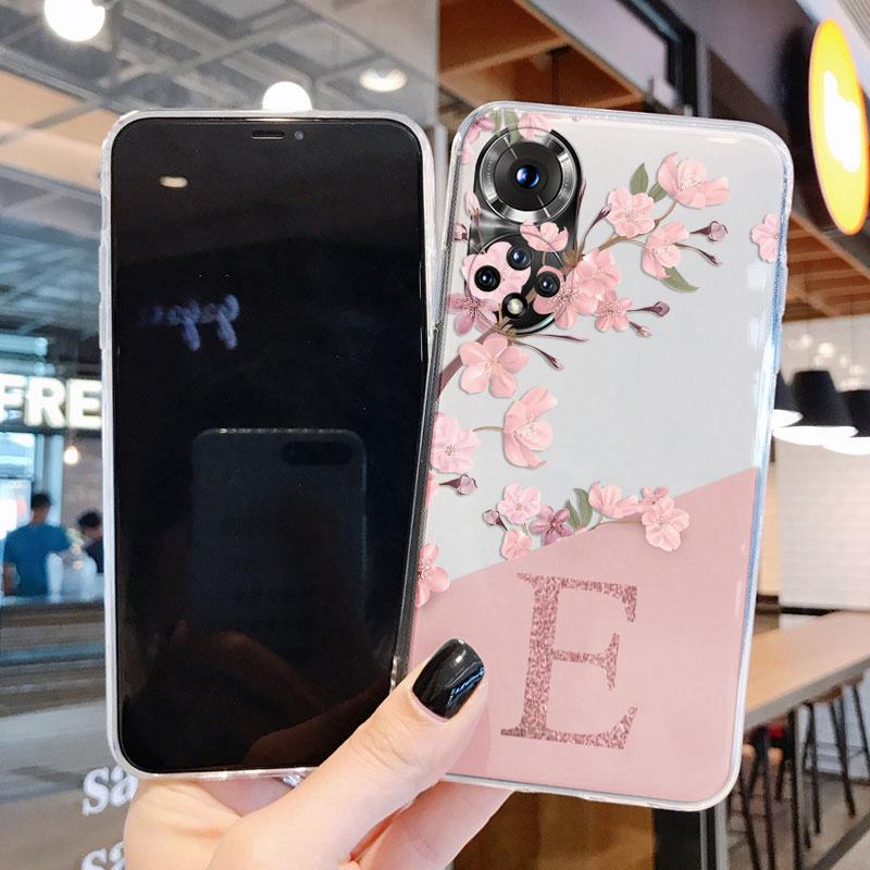 Cute Letter Case For Honor 50 90 400 Lite Pro Coque Huawei P20 P30 Pro Cover Soft Flower Alphabet Transparent Phone Silicone