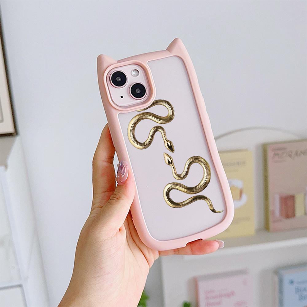 Cat Ear Soft Phone Case for iPhone 16 15 14 13 12 11 Pro Max Plus XR X TPU Anti-Drop Transparent Acrylic Back Cover NY25 Black Gold Snake design