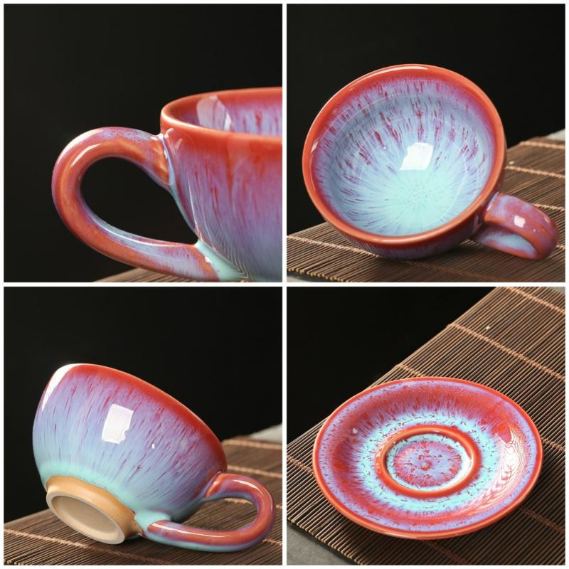 Ceramic Kiln Changed Coffee Cup and Saucer Set Creative Vintage Chinese Breakfast Cups Afternoon Tea Drinking Utensils