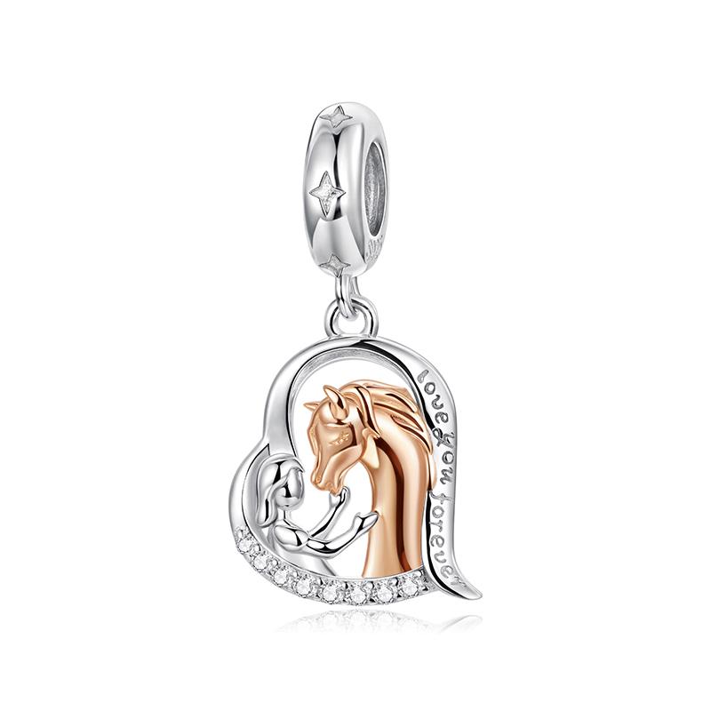 WOSTU 925 Sterling Zilver Tweekleurig Meisje Paard Bedel Hanger Voor Vrouwen Hart Kralen Paardenliefhebber Sieraden Familie DIY Cadeau CTC1210