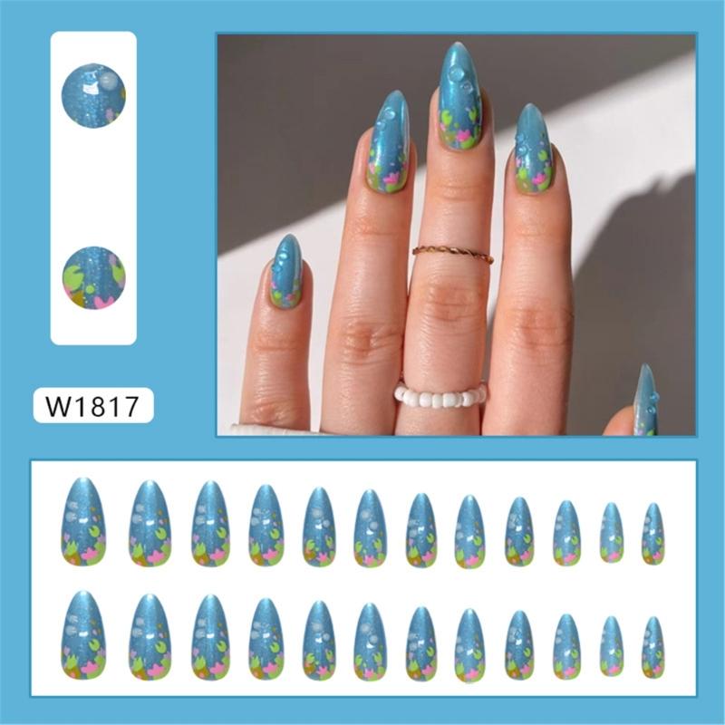 Christmas Nail Medium Almond Press On Nail 3D Blue Color Designs Glossy False Nail Full Cover for Women and Girls 24Pcs