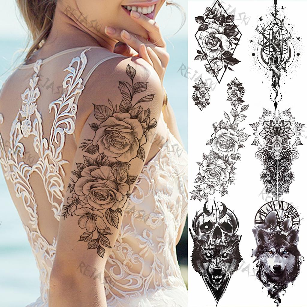 Tatouage Avant Bras Femme Rose Dentelle Acheter Noir Big Rose Pivoine Tatouages Temporaires Pour Femmes Hommes  Géométrique Loup Arbre Crâne Faux Tatouage Autocollant Avant-Bras  Imperméable Tatoo | Joom