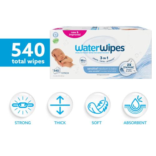 WaterWipes Super Value Box Baby Wipes, 9 Packs of 60 Count | 540 Baby Wipes WaterWipes