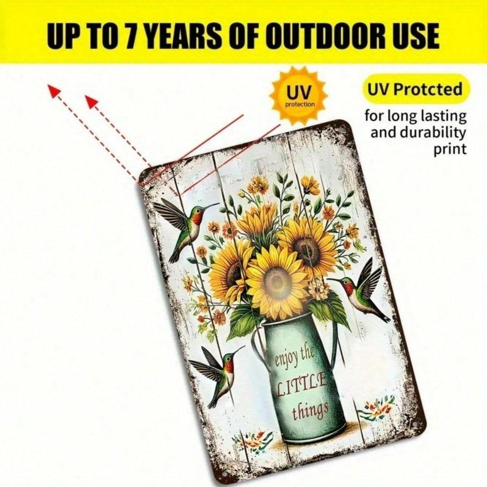 1PC Sunflower Hummingbird Metal Tin Sign, Rustic Farmhouse Wall Decor With Quote Enjoy The Little Things
