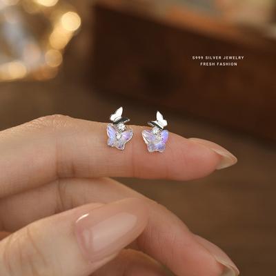 S999 Sterling Silver Colorful Colored Glaze Butterfly Stud Earrings, Dainty Fresh Fashion Jewelry for Women