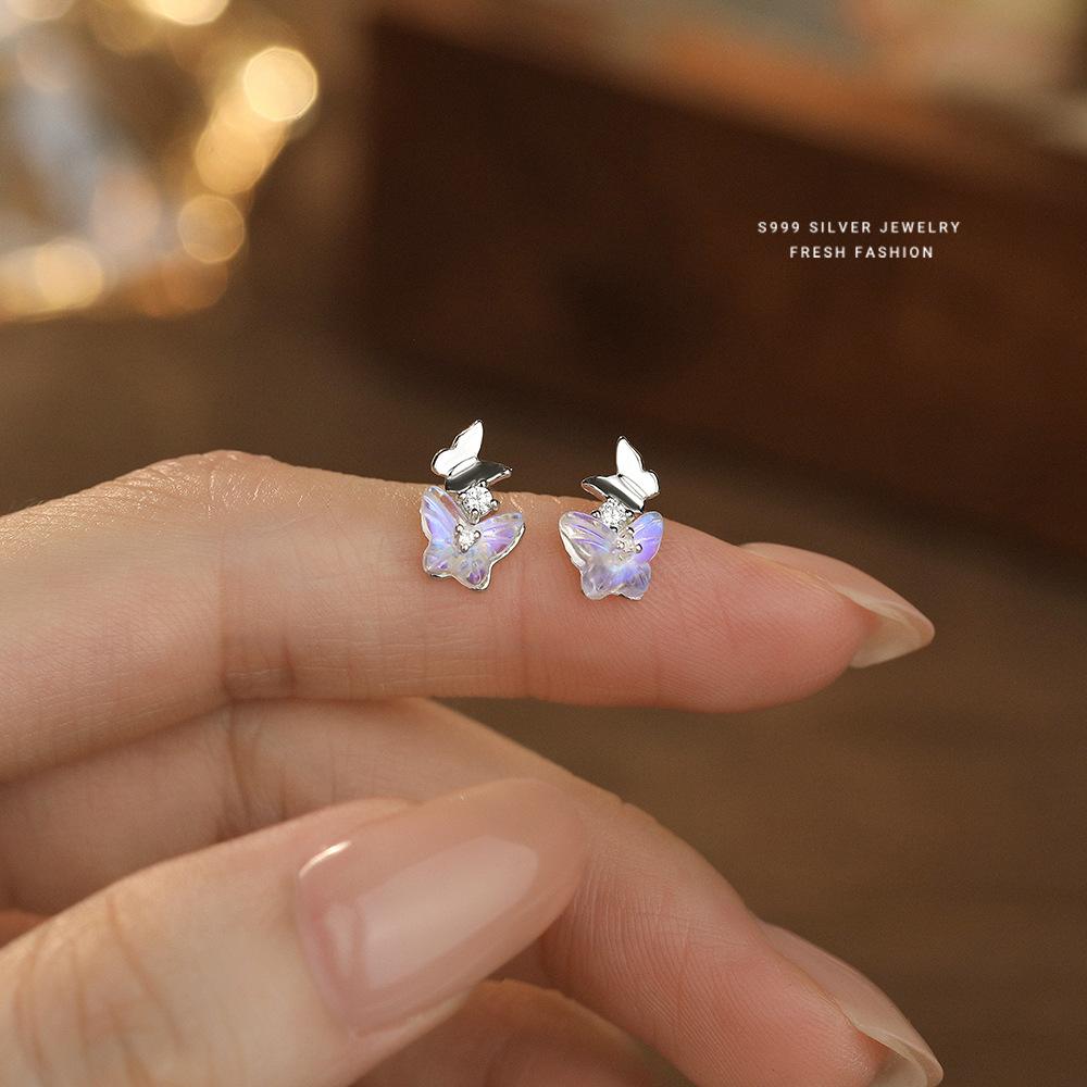 S999 Sterling Silver Colorful Colored Glaze Butterfly Stud Earrings, Dainty Fresh Fashion Jewelry for Women