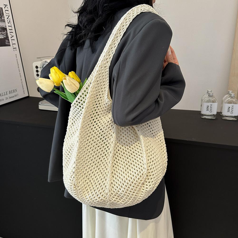 Women Fashion Knitted Bag Crochet Tote Bag Large Hollow Out Tote Bag Solid Color Woven Shoulder Bag Lady Summer Beach Mesh Bag