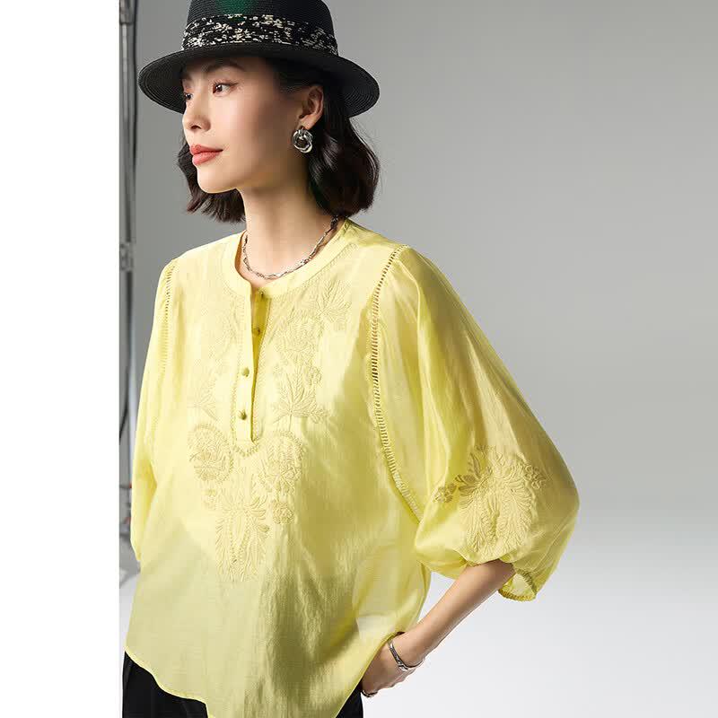 Women s Tencel Blend French Embroidered Round Neck 3/4 Puff Sleeve Blouse L