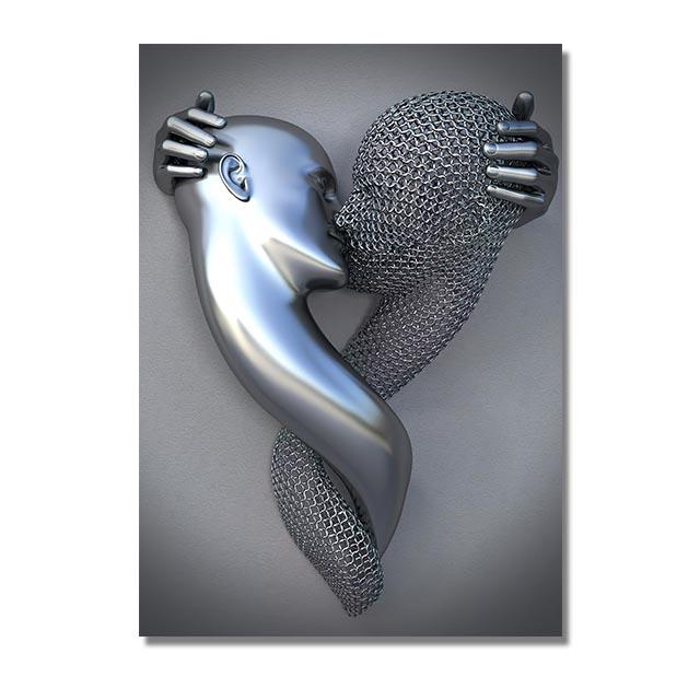 Love Couples Poster 3D Metal Figure Statue Canvas Painting Human Body Sculpture Wall Art Printing Picture for Home Room Decor