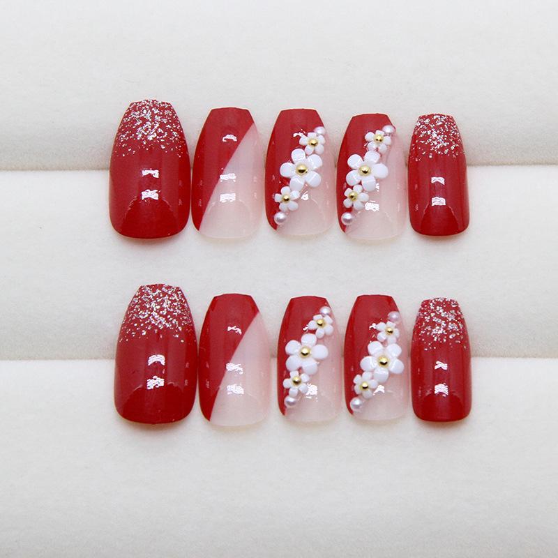 Burgundy Floral Gold Bead Glitter French Ballet Nails - Detachable Nail Art Set of 24, Mid-Length, Versatile Ins Style.