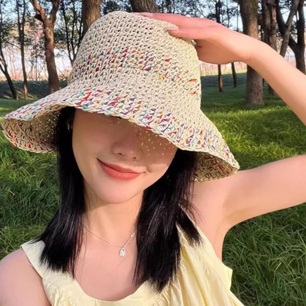 Straw Bucket Hat Women's Summer Breathable Korean Version Showing Face Small Bucket Hat Big Brim Sun Protection Seaside Straw Hat