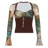 Pleated V-neck Printing Corset Long Sleeves Slim Crop Tops Transparent Flower T-shirt  Ladies