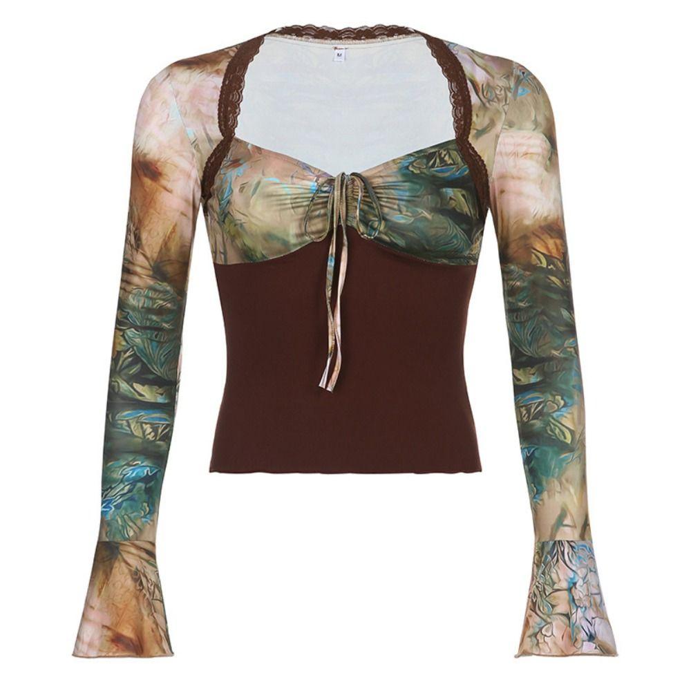 Pleated V-neck Printing Corset Long Sleeves Slim Crop Tops Transparent Flower T-shirt  Ladies