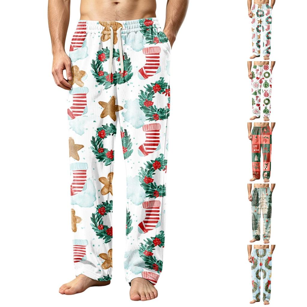 Men's Printed Corduroy Pajama Pants with Pockets, Casual and Sleep Bottoms